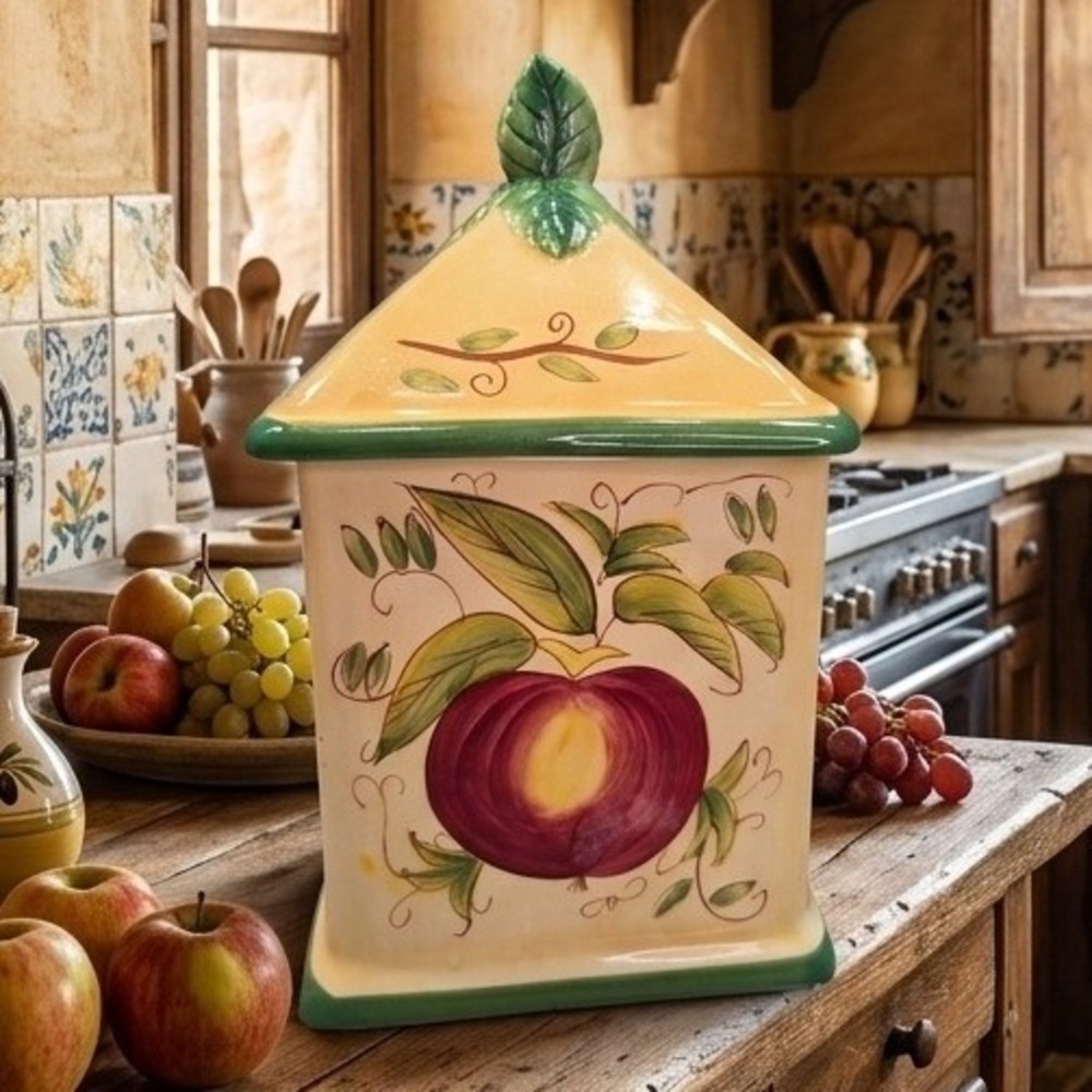 Vintage Certified International CIC Apple Ceramic Kitchen Canister Leaf Lid 10"